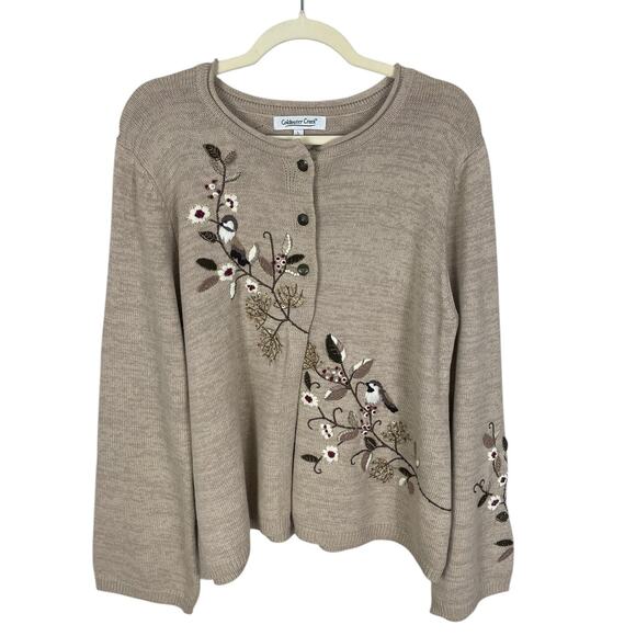Coldwater Creek Embroidered Button Front Cardigan Sweater Beige Sz Large Holiday - Picture 2 of 14